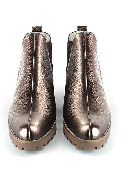 Bronze beige and taupe brown women's ankle boots, with elastics. Round toe. Low rubber soles. Top view - Florence KOOIJMAN